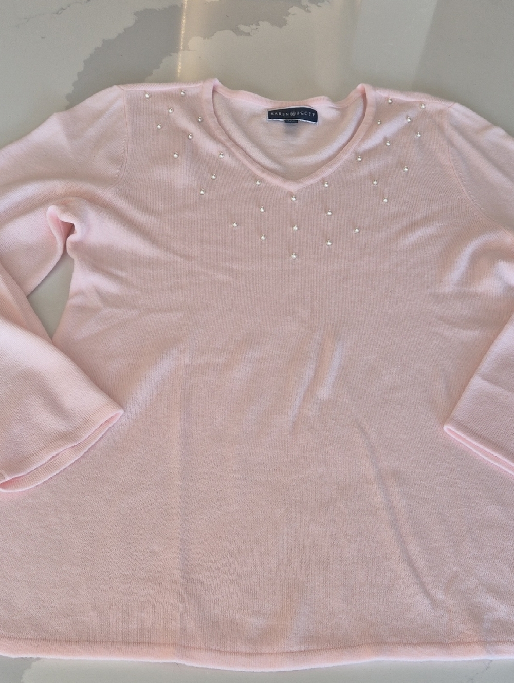 Karen Scott Pale Pink V-Neck Sweater with Faux Pearl Detail